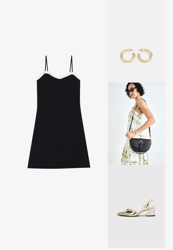 Schwarzes Kleid mit dünnen Trägern, tailliertem Oberteil und ausgestellt geschnittenem Saum. Weiße Rüschendetails am Ausschnitt. Glattes, leichtes Material.; Goldene, metallische Slingback-Absätze mit spitzem Zeh und dicker Ferse. Glatte Textur, minimalistisches Design und ein schmaler Riemen.; Schwarze Lederhandtasche mit geschwungener Form, abnehmbarem Tragegurt und goldenen Beschlägen. Die Tasche verfügt über einen Deckel mit einer Schnallen-Details.; Goldene Creolen mit einer glatten, glänzenden Oberfläche. Zirkuläres Design mit einem kleinen Stecker und einer klaren Rückseite für einen sicheren Sitz.