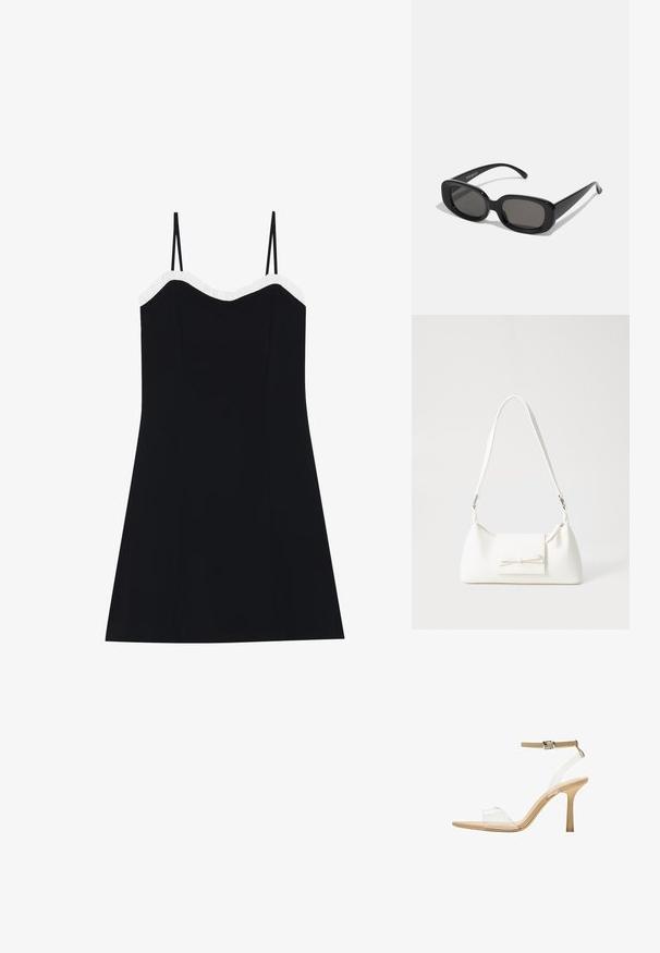 Zwarte jurk met dunne bandjes, aansluitende lijfje en uitlopende zoom. Witte gerimpelde rand langs de halslijn. Soepele, lichte stof.; Heldere sandaal met een doorzichtige bovenkant, beige voetbed en een slanke enkelriem. Voorzien van een spitse neus en een dunne hoge hak.; Zwarte rechthoekige zonnebril met donkere lenzen. Dikke plastic montuur, gladde textuur en ronde randen. Stijlvolle steunen lopen naar buiten.; Witte synthetische handtas met een driehoekige vorm, platte voorklep en strikdetail, verstelbare schouderriem, gladde textuur en minimalistisch ontwerp.