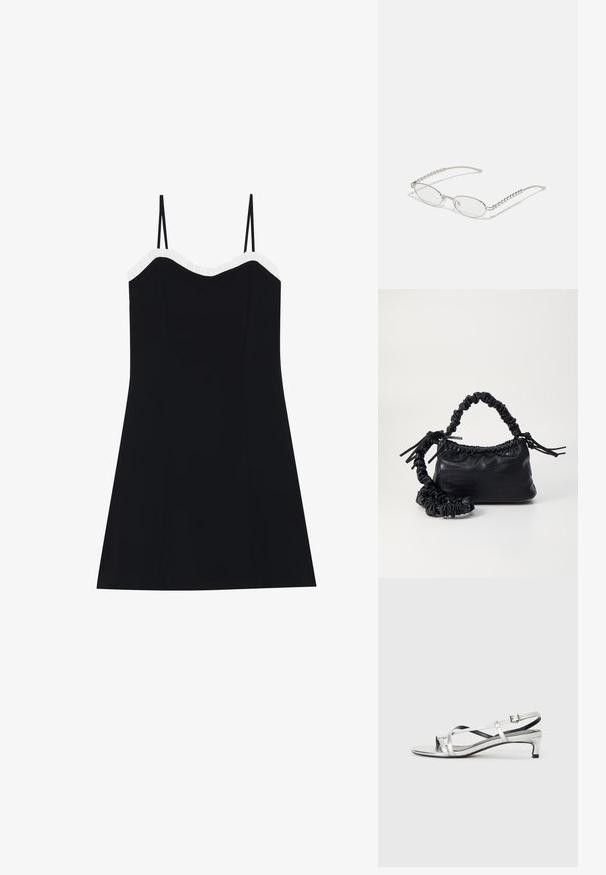 Vestito nero con spalline sottili, busto attillato e orlo svasato. Bordo arricciato bianco lungo il colletto. Tessuto morbido e leggero.; Sandaletti slingback metallici argento con tacco basso, caratterizzati da cinturini incrociati e una superficie liscia. Design minimalista.; Occhiali ovali con una montatura in metallo argentato, lenti trasparenti e decorazioni sui templi in perline texturizzate. Design leggero con bracci curvi.; Borsa a tracolla in ecopelle nera con texture a coccodrillo, apertura cinchata e tracolla arricciata. Si presenta con un design morbido e compatto.
