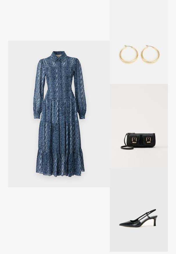 Rochie cu mânecă lungă, cu imprimeu de șarpe albastru, cu guler, bust smockat și tiv evazat cu volane, realizată dintr-un material ușor, texturat.; Pantofi cu toc slingback negri din patent, cu vârf ascuțit, cu imprimeu de șarpe texturat, curea ajustabilă și toc scurt texturat.; Geantă neagră din piele, tip crossbody, cu două buzunare frontale, catarame aurii, închidere cu fermoar și o curea subțire. Suprafață texturată și formă rectangulară compactă.; Cercei tip cerc din metal auriu, cu un design neted și rotund, având un închizător din fir subțire și un finisaj lustruit pentru un aspect strălucitor.