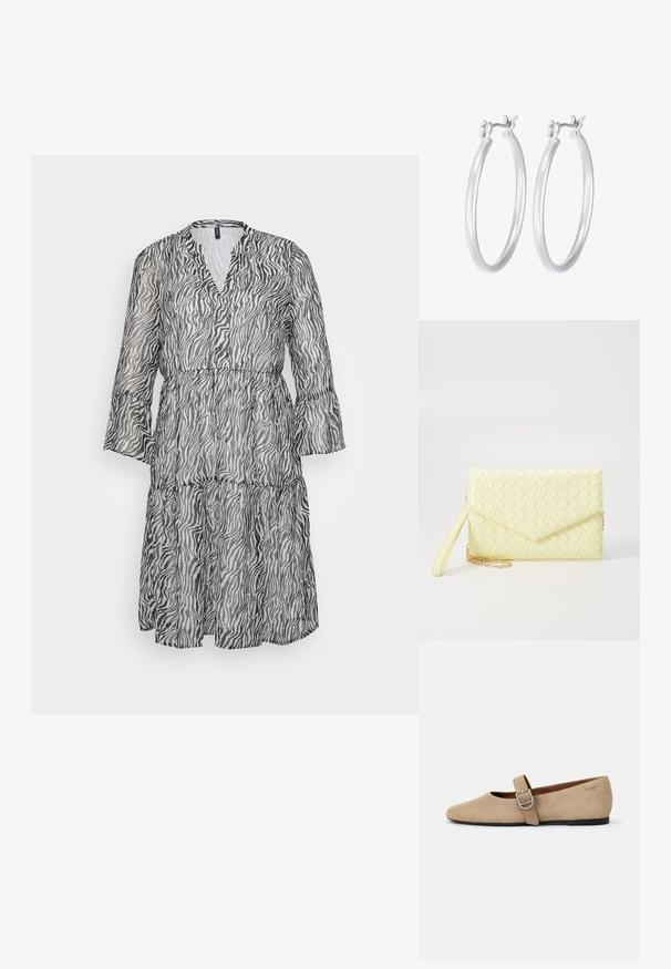 Schwarz-weiß gestreiftes Kleid in Kniehöhe mit V-Ausschnitt, langen, weit auslaufenden Ärmeln und Stufenrock. Aus leichtem, durchsichtigem Stoff gefertigt.; Beige Wildleder Mary Jane Ballerinas mit spitzer Zehe und einem verstellbaren Riemen mit einer silbernen Schnalle. Schwarze flache Sohle.; Gelbe gewebte Clutch-Geldbörse mit Klappen-Design, abnehmbarem Handgelenkriemen und goldener Kettenakzent. Glatte Textur und rechteckige Form.; Silberne Creolen mit einer glatten, polierten Oberfläche. Runder Form und sicherem Klickverschluss. Leichtes Design, geeignet für den täglichen Gebrauch.