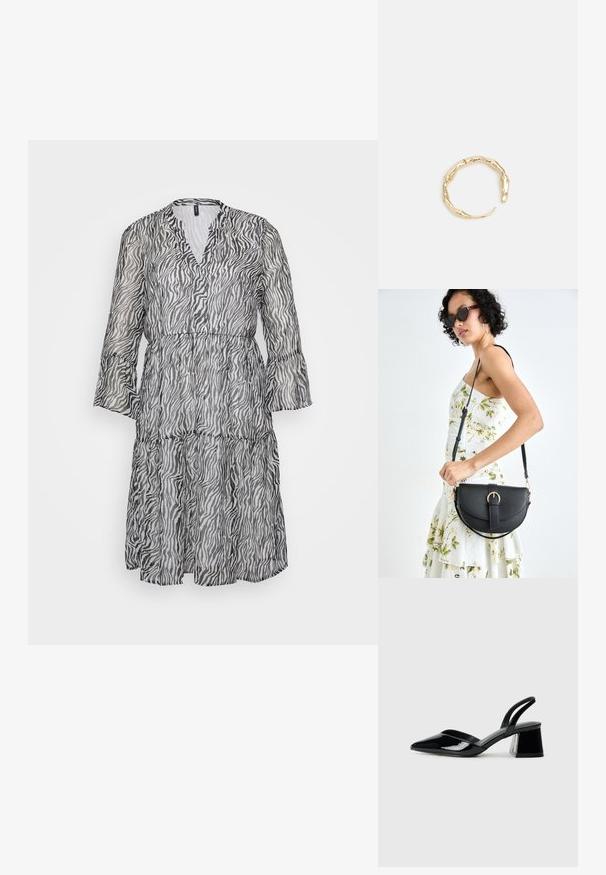 Svart och vit randig zebra mönstrad klänning i knä längd med v-ringning, långa utsvängda ärmar och lager-på-lager kjol. Tillverkad av lätt, genomskinlig tyg.; Svarta lackläder slingback klackar med spetsig tå och geometrisk klack. Har en elegant, minimalistisk design och slät yta.; Svart läderhandväska med en böjd form, avtagbar rem och guldiga detaljer. Väskan har ett lock med en spänndetalj.; Ring i guldutförande med en organisk, vriden design, slät yta och avsmalnande ändar, vilket ger ett modernt, skulpturalt utseende.