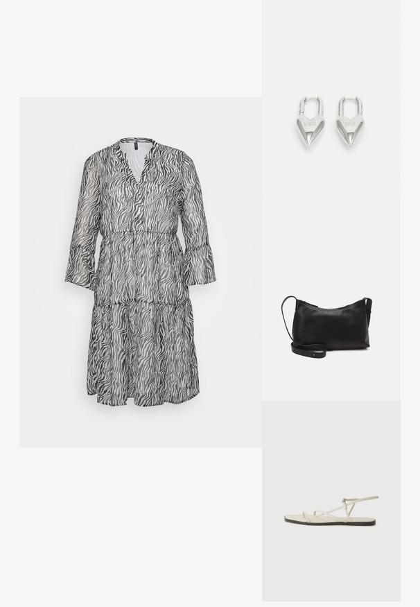 Vestido a rayas en blanco y negro, hasta la rodilla, con escote en V, mangas largas acampanadas y falda de volantes. Hecho de una tela ligera y transparente.; Sandalia plana beige con múltiples correas delgadas y hebilla ajustable. La suela es plana con un leve contraste oscuro en el borde.; Bolso de hombro de cuero negro con una textura suave, forma curvada, correa ajustable y cierre con cremallera. Diseño minimalista sin adornos.; Candados en forma de corazón de plata con inscripciones grabadas de "SÍ" y "NO", acabado pulido, diseño simétrico y un robusto cierre de metal.