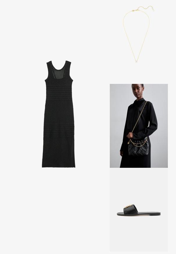 Schwarzes gehäkeltes Maxikleid mit runder Ausschnittlinie, das offene Strickabschnitte und horizontale Bänder aufweist. Knielang mit seitlichen Schlitzen.; Schwarze Leder-Slidesandalen mit offener Zehenpartie, flacher Sohle und einem dekorativen goldenen Akzent auf dem Obermaterial. Glatte Textur mit minimalistischem Design.; Schwarze gesteppte Ledertasche mit einem gerafften oberen Teil, goldfarbener Kettenriemen und rechteckiger Form, vor einem schlichten Hintergrund gehalten.; Goldene Halskette mit einem einzelnen Diamantenanhänger, der ein filigranes Design und eine strukturierte Kette aufweist, in der Länge verstellbar, funkelt im Licht.