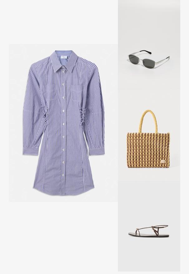Abito camicia a righe verticali blu e bianche, maniche lunghe, con bottoni frontali, tasche sul petto e dettagli laterali arricciati.; Sandal in pelle marrone con cinturini sottili, un accento circolare dorato e una suola piatta. Design minimalista con un dettaglio di fibbia regolabile.; Occhiali da sole con lenti grigie, sottile montatura in metallo argento, dettagli trasparenti e punte nere sulle aste. Presentano una forma ovale.; Borsa intrecciata marrone e gialla, con forma rettangolare, due cinghie per manico e una finitura testurizzata con cuciture visibili e un'etichetta del marchio.
