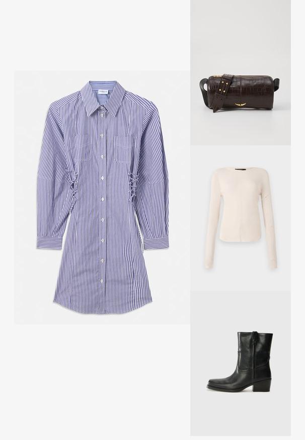 Vestido de camisa de riscas verticais azul e branco, com mangas compridas, fecho de botões à frente, bolsos no peito e detalhes franzidos dos lados.; Camisola de mangas longas, bege claro, com decote redondo. Feita de um tecido macio, apresenta uma costura central e uma bainha ligeiramente curva. Sem ferragens visíveis.; Bota de tornozelo em couro preto com bico arredondado, salto bloco, fecho lateral e detalhes em costura na parte frontal. Textura suave, design clássico.; Bolsa de couro com textura de crocodilo na cor marrom, com forma cilíndrica, metalizações em tom dourado e uma alça destacável com tachas.