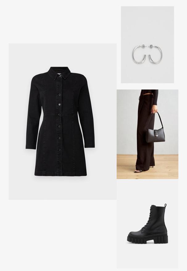 Melna džinsa kleita ar apkakles kaklu, garām piedurknēm un priekšējiem pogām. Tam ir pieguļošs dizains ar divām vertikālām šuvēm un nedaudz izplešanos apakšdaļā.; Melnas ādas potītes zābaki ar masīvu, rievojumu zoli, auklu aizdari un vilces cilpu uz gludas baltas fona.; Melnā somiņa ar strukturētu formu, gludu tekstūru un metālu sprādzi. Saskaņota ar platām melnām biksēm un sandālēm ar atvērtu purngalu uz koka grīdas.; Sudraba stīpas auskari ar gludu, spīdīgu virsmu, izceļas ar izliektaveida formu un aizdari ar tapu. Minimālistisks dizains ar mūsdienīgu apdari.