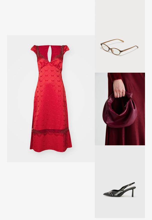 Rotes Kleid mit tailliertem Oberteil, kurzen Rüschensäumen und V-Ausschnitt. Spitzendetails am Saum und ein gemusterter Stoff über das gesamte Kleid.; Schwarzer Lackleder Slingback-Schuh mit spitzem Zehenbereich, Knöchelriemen mit silbernen Schnallen und Beschlägen sowie einem schlanken Absatz.; Braune Schildpatt-Brille mit ovalen Gläsern, dünnen Bügeln und transparenten Akzenten. Verfügt über ein dezentes Logo am Bügel. Elegantes, leichtes Design.; Burgunderleder-Handtasche mit einem weichen, gerafften Design und einer gerundeten Form. Der Griff ist gesichert und zeigt eine glatte Textur.