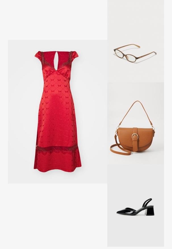 Červené šaty s upnutou sukní, krátkými volánkovými rukávy a výstřihem do V. Krajkové detaily na lemu a vzorovaná textura po celém oděvu.; Černé lakované kožené lodičky na pásku s špičatou špičkou a geometrickým blokovým podpatkem. Vyznačují se elegantním, minimalistickým designem a hladkým povrchem.; Hnědé želvovinové brýle s oválnými skly, tenkými bočními nohami a průhlednými akcenty. Obsahují decentní logo na stranu. Elegantní, lehký design.; Hnědá kožená křížová taška s zakřiveným tvarem, zlatými detaily a akcentem s přezkou. Obsahuje odnímatelný popruh na rameno.
