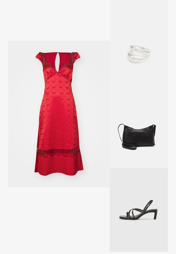 Robe rouge avec un corsage ajusté, des manches courtes à volants et un décolleté en V. Accents en dentelle à l'ourlet et une texture à motifs sur l'ensemble.; Sandale noire à lanières avec un bout carré et un petit talon bloc. Elle présente plusieurs fines lanières et une sangle de cheville ajustable. Fabriquée en cuir lisse.; Sac à épaule en cuir noir avec une texture lisse, une forme courbée, une bandoulière ajustable et une fermeture éclair. Design minimaliste sans embellissements.; Bague en argent à double bande avec une surface lisse et polie. Présente un design fluide et courbé avec des sections qui se chevauchent pour un look moderne.