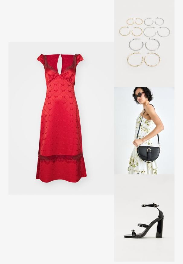 Rød kjole med tætsiddende liv, korte flæseærmer og V-formet udskæring. Blondekanter ved kanten og et mønstret tekstur hele vejen igennem.; Sorte patenterede hælsandaler med firkantet tå, ankelremme og sølvspænder. Har en chunky blokHæl for stabilitet.; Sort læderhåndtaske med en buet form, aftagelig rem og guldfinish. Tasken har en klap med en spænde detalje.; Sæt med tolv hoop øreringe i sølv- og guldfarver. Inkluderer snoede, glatte og teksturerede designs i forskellige størrelser og overflader.