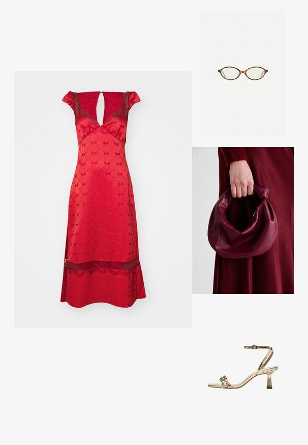 Rode jurk met een getailleerde bodice, korte ruches mouwen en een V-vormige halslijn. Kantaccenten aan de zoom en een patroontextuur door de hele jurk.; Gouden metallic hoge hak sandaal met enkelbandje, twee smalle voorbanden en een blokhak. Beschikt over decoratieve versieringen.; Kattenoogbril met ovale lenzen en een strakke, gladde afwerking. Heeft dunne zijkanten met een subtiele kromming bij de slapen. Transparante lenzen.; Bordeaux leren handtas met een zacht, gegathered ontwerp en een ronde vorm. De handgreep is stevig bevestigd en toont een gladde textuur.