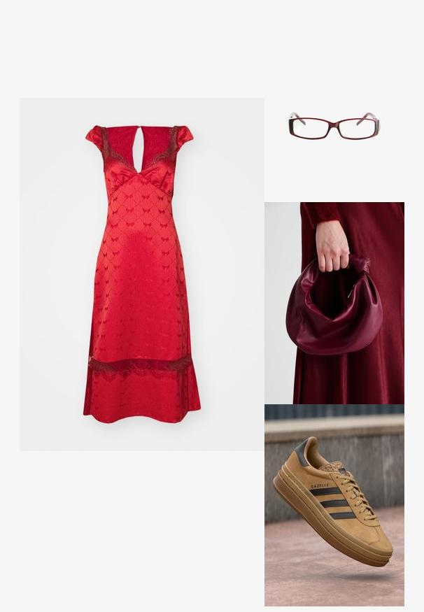 Rotes Kleid mit tailliertem Oberteil, kurzen Rüschensäumen und V-Ausschnitt. Spitzendetails am Saum und ein gemusterter Stoff über das gesamte Kleid.; Beige Wildledersneaker mit glatter Oberfläche, drei dunklen Streifen, abgerundetem Zehenbereich und einer dickeren Sohle mit strukturiertem Rand.; Rote rechteckige Brille mit schlankem Design. Klare Gläser, leicht durchsichtige Bügel und ein Verlaufseffekt von Rot zu Grau.; Burgunderleder-Handtasche mit einem weichen, gerafften Design und einer gerundeten Form. Der Griff ist gesichert und zeigt eine glatte Textur.