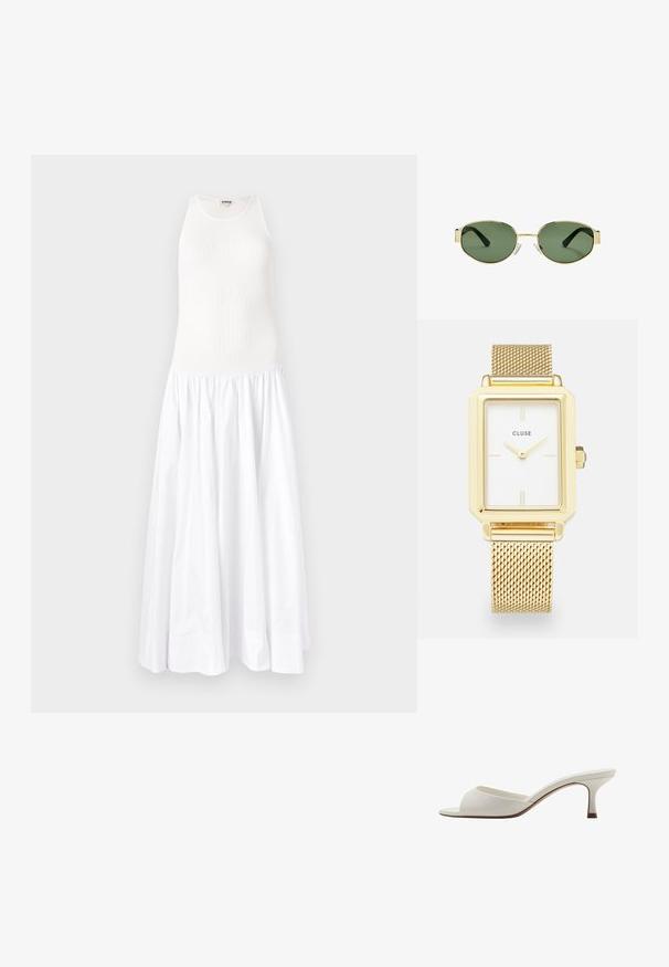 Biała maxi sukienka z prążkowanym topem i luźną, marszczoną spódnicą. Wykonana z lekkiego materiału, ma bezrękawowy krój i okrągły dekolt.; Białe, otwarte na palcach mule na wysokim obcasie o gładkim wykończeniu, minimalistycznym designie i smukłym obcasie, z subtelnym brązowym akcentem na podeszwie.; Złote okulary przeciwsłoneczne w metalowej oprawie z zielonymi soczewkami, o owalnym kształcie, czarnymi zausznikami i przezroczystymi noskami. Czysty, minimalistyczny design.; Złoty prostokątny zegarek z białą tarczą, minimalistycznymi znacznikami godzin i metalową siateczkową bransoletą. Posiada boczną koronę do nastawiania czasu.
