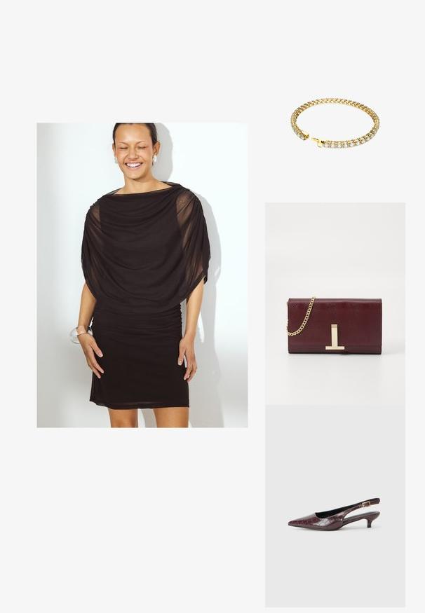 Vestido negro con tela drapeada y sheer, y detalle fruncido. Largo corto, silueta ajustada. La modelo lleva una pulsera de manilla transparente.; Zapatos burgundy de punta afilada y punta abierta con textura de cocodrilo, tacón bajo y un detalle de hebilla dorada en la correa. Forro interior suave.; Clutch de imitación cuero texturizado burdeos con correa de cadena dorada y un cierre de metal. Forma rectangular, acabado suave, detalle mínimo.; Pulsera de tono dorado con un diseño flexible que presenta múltiples piedras de zirconia cúbica transparente dispuestas en un patrón enlazado, finalizada con un cierre de gancho.