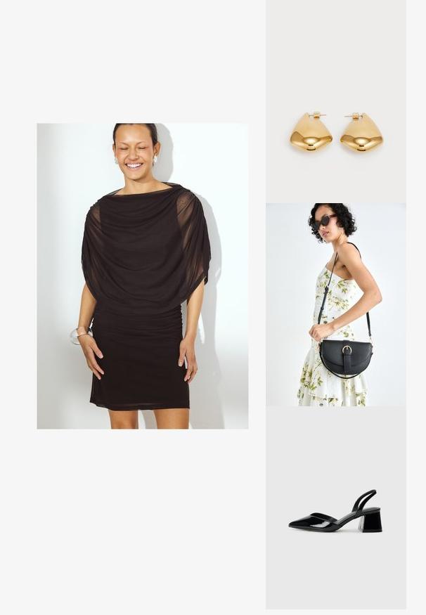 Melnas kleitas ar drapētiem, caurspīdīgiem audumiem un ruķētām detaļām. Īsa garuma, pieguļošs siluets. Modelis valkā caurspīdīgu aproci.; Melna lakota āda ar atvērto papēdi, ar smailu purngalu un ģeometrisku blokpapēdi. Iezīmējas elegants, minimāls dizains un gluda tekstūra.; Melnas ādas rokassoma ar izliekta formu, noņemamu siksnu un zelta aksesuāriem. Somai ir vāciņš ar sprādzes detaļu.; Zelta krāsas metāla auss gredzeni ar gludu, apaļu trīsstūra formu un āķa aizmuguri; atstarojoša virsma ar minimālu apdari.