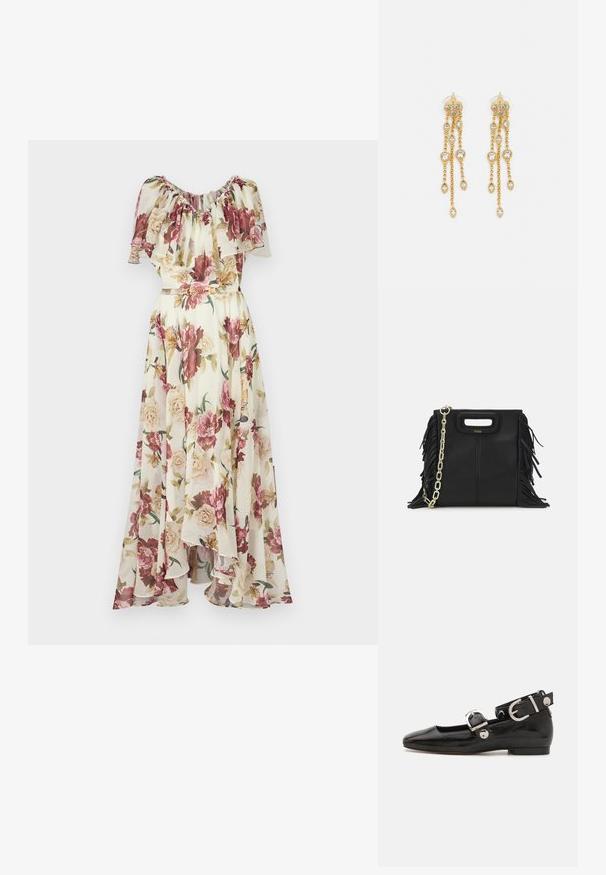 Virágmintás maxi ruha fodros dekoltárral, rózsaszín és krémszínű rózsák keverékével a világos hátteren, derékban övvel meghúzva.; Fekete lakkbőr lapos cipő négyzet alakú orral, ezüst hardware-rel ellátott bokapánttal és lapos talppal. Simaságával és minimalista dizájnjával kiemelkedő.; Fekete bőr kézitáska, frufrus részletekkel, arany láncos vállpánttal és kivágott fogantyúval. Az elülső részen logó található.; Aranyszínű fülbevalók, több zuhanó lánccal, tiszta ovális strasszköves díszítéssel és dekoratív fülbevaló tetejével.