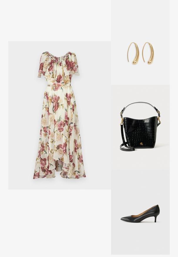 Φλοράλ μάξι φορέμα με ριχτό λαιμό, που διαθέτει ένα μείγμα ροζ και κρεμ τριαντάφυλλων σε ανοιχτό φόντο, σφιγμένο στη μέση με μια ζώνη.; Μαύρο δερμάτινο τακούνι με μυτερή μύτη, χαμηλό τακούνι και λεία υφή. Διαθέτει ελαφρύ άνοιγμα στο μπροστινό μέρος και ελάχιστο υλικό στο πίσω μέρος.; Μαύρη τσάντα από δέρμα με ανάγλυφο σχέδιο κροκοδείλου, με καμπυλωτό σχήμα, χρυσές μεταλλικές λεπτομέρειες, ρυθμιζόμενη θήκη και λεπτομέρεια λογότυπου στο μπροστινό μέρος.; Χρυσές μεταλλικές σκουλαρίκια κρίκοι με καμπυλωτό, ελκυστικό σχήμα. Περιλαμβάνουν μια λεία, γυαλιστερή επιφάνεια και στρογγυλή άκρη για πρόσθετη λεπτομέρεια.