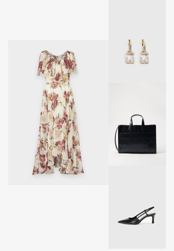 Cvečni maksi obleka z nabranim ovratnikom, ki vsebuje mešanico rožnatih in smetanastih vrtnic na svetlem ozadju, z pasom, ki je ožji v pasu.; Črne lakaste slingback pete s koničastim nosom, ki imajo teksturiran vzorec kačje kože, nastavljiv trak in kratek teksturiran blok peto.; Črna usnjena torba z dvema zgornjima ročajema, snemljivim ramenskim trakom in reliefnim logotipom "MICHAEL KORS" na sprednji strani. Gladka tekstura.; Zlato obarvani uhani, ki vsebujejo pravokoten, prozoren kristal, obešen pod vrsto majhnih, okroglih prozornih dodatkov. Elegantna, moderna zasnova.