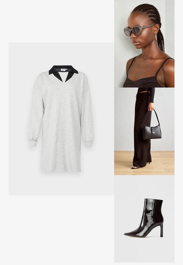 Rochie gri dintr-un material moale, având un guler negru în formă de V și mâneci lungi, conice, cu manșete elastice. Design simplu și casual.; Botină din piele patent neagră, cu vârf ascuțit și siluetă elegantă. Prezintă un toc stiletto și o textură netedă.; Ochelari de soare supradimensionați gri, cu formă rotundă și lentile închise la culoare. Rame din plastic elegante, cu un finisaj neted. Modelul are părul împletit.; Genți negre cu o formă structurată, textură netedă și un închizător metalic. Asortată cu pantaloni negri largi și sandale cu vârf deschis pe un podea din lemn.