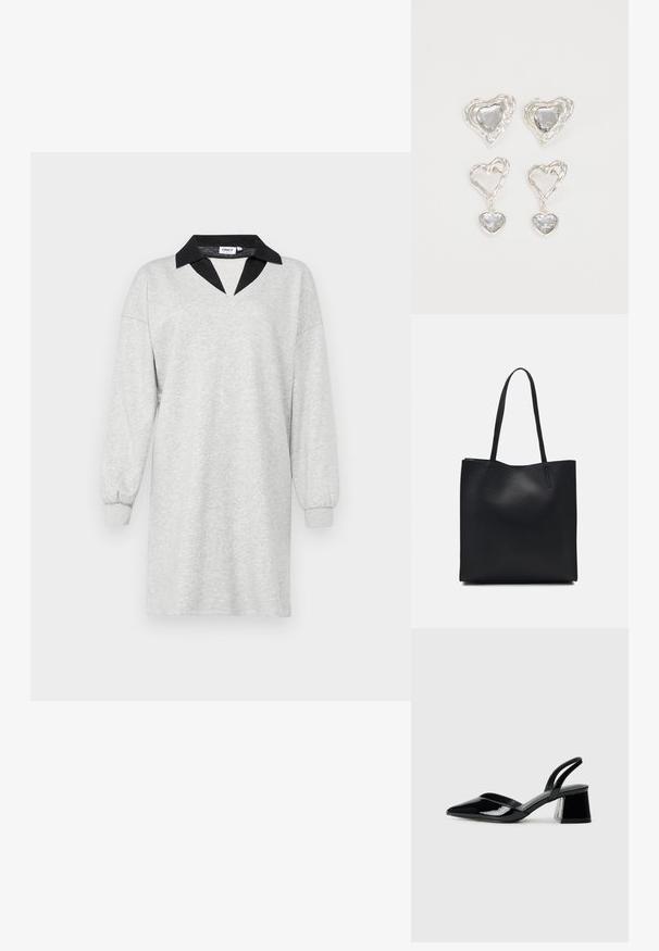 Rochie gri dintr-un material moale, având un guler negru în formă de V și mâneci lungi, conice, cu manșete elastice. Design simplu și casual.; Pantofi cu toc slingback din piele lacuită neagră, cu vârf ascuțit și toc geometric. Prezintă un design elegant, minimalist și o textură netedă.; Geantă tote neagră din piele, cu textură netedă, formă rectangulară și două mânere lungi. Fără hardware vizibil sau ornamente.; Cerceii în formă de inimă argintie sunt decorați cu pietre clare fațetate, având un cadru texturat. Setul include stiluri cu buton și cu pandantiv.