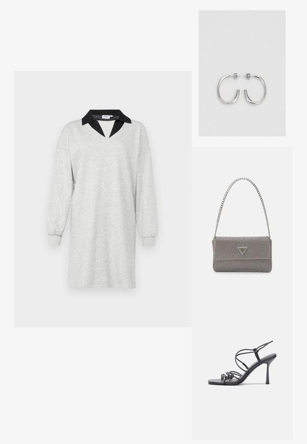 Rochie gri dintr-un material moale, având un guler negru în formă de V și mâneci lungi, conice, cu manșete elastice. Design simplu și casual.; Sandale negre cu toc înalt au curele subțiri cu un design legat, un vârf pătrat neted și un toc stiletto elegant.; Geantă metalică gri deschis, cu un strap din lanț, decorată cu mici ținte circulare metalice și un logo de marcă triangular.; Cercei creole din argint cu suprafață netedă și lucioasă, având o formă curbată și închidere cu tija. Design minimalist cu un finisaj modern.