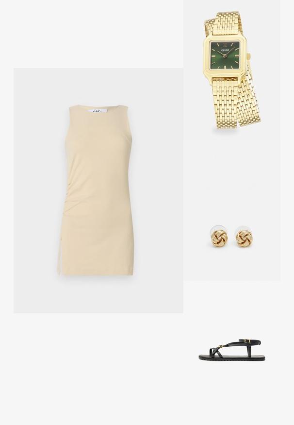Robe sans manches de couleur crème avec des détails froncés sur le côté et un accent à nouer. Tissu lisse, design ajusté et longueur au-dessus du genou.; Sandales en cuir noir avec de fines lanières et une sangle autour de la cheville à boucle. Semelle plate avec une finition texturée et un bord en zigzag. Design minimaliste.; Montre-bracelet carrée en or avec un cadran dégradé vert, des index heures en or et un bracelet en maille. Marque "CLUSE" affichée sur le cadran.; Boucles d'oreilles avec clou en métal doré et design torsadé. Chaque boucle d'oreille est dotée d'un arrière transparent circulaire pour un port sécurisé.
