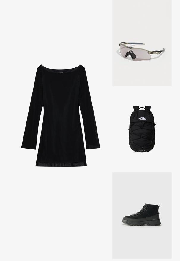 Mustassa pitkähihaisessa mekossa on olkaimeton kaula-aukko, sileä pinta ja virtaava siluetti. Hieman läpikuultavaa yksityiskohtaa helmassa.; Musta vaelluskengät, joissa on mokkanahka yläosa, kestävä kumipohja ja vahvistetut rei'ät nauhoille. Takana on vetotuki helppoa pukemista varten.; Aurinkolasit, joissa on läpinäkyvä harmaa kehys, sävyrikkaita linssejä ja kulmikas muotoilu. Ominaisuuksiin kuuluu erityinen nenäosa ja teksturoitu tummanharmaa temppeleiden varsi.; Musta reppu, jossa on vetoketjulla suljettava pääosio, joustava bungee-nauhamalli, pehmustetut hihnat ja logo edessä; valmistettu kestävästä kankaasta.