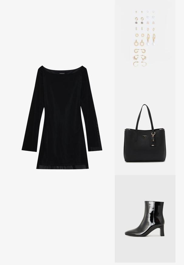 Juoda ilgaaulė suknelė su atviru pečių dekoliu, lygia tekstūra ir plazdančia siluetu. Pasižymi permatomais detalėmis apatinėje dalyje.; Juodos lakuotos odinės aulinukės su smailiu pirštu ir vidutinio aukščio blokuotu kulnu. Lygus paviršius ir minimalistinis dizainas.; Juodas pirkinių krepšys, pagamintas iš tekstūruotos sintetinės medžiagos, su dviem rankenomis, auksine logotipo plokšte ir maža etikete su akcentu.; Auksiniai auskarai su įvairiais dizainais, įskaitant studus, žiedus ir kabančius modelius su perlų ir kristalų akcentais.