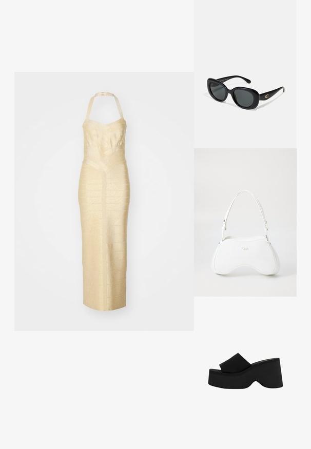 Illalla käytettävä halterneck-mekko teksturoidusta kultakankaasta, jossa on tiukka siluetti, määritelty vyötärösauma ja pystysuuntainen raitakuosi.; Musta alusta saapas paksulla, pyöristetyllä pohjalla ja leveällä hihnalla. Sileä pinta, minimalistinen muotoilu ja muotoiltu rakenne vakauden vuoksi.; Mustat aurinkolasit pyöreillä linsseillä, kiiltävä muovinen kehys ja kultainen logoakseli temppeleissä. Tummat linssit tarjoavat UV-suojaa.; Valkoinen käsilaukku, jossa on sileä, kiiltävä pinta, kaareva muoto ja yksi säädettävä olkahihna. Edessä on logo painettuna.