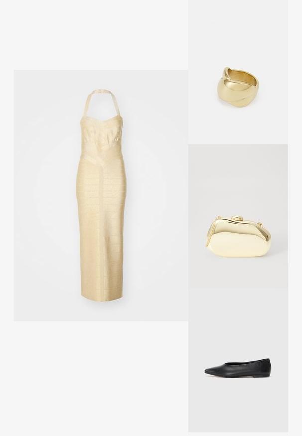 Halter-neck avondjurk in gestructureerde gouden stof, met een aansluitende silhouet, gedefinieerde taille naad en verticale streep patroon.; Zwarte leren balletflat, puntige neus, minimalistisch design, gladde textuur, lage hak, geen zichtbaar beslag of versieringen.; Metalen gouden clutch met een gladde, ronde vorm, voorzien van een bovenste knoopsluiting en een kleine kettingband om mee te dragen.; Gouden ring met een glad, gedraaid ontwerp. Heeft een gepolijste oppervlakte en rondingen, wat een naadloze, vloeiende vorm creëert.