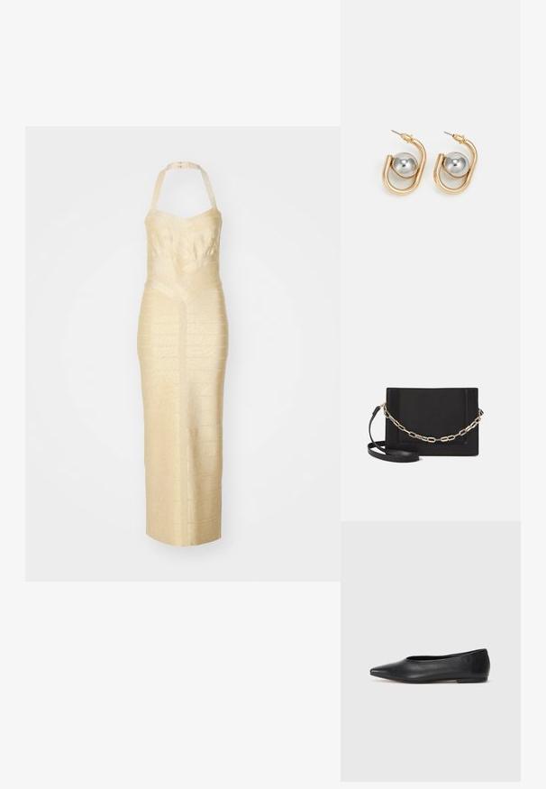 Halter-neck avondjurk in gestructureerde gouden stof, met een aansluitende silhouet, gedefinieerde taille naad en verticale streep patroon.; Zwarte leren balletflat, puntige neus, minimalistisch design, gladde textuur, lage hak, geen zichtbaar beslag of versieringen.; Zwarte leren schoudertas met een gladde textuur, rechthoekige vorm en een metallic kettingdetail aan de voorkant. Verstelbare schouderband inbegrepen.; Gouden oorbellen met een gebogen, ringachtige vorm en een opvallende zilveren bolaccent. Gepolijst metalen afwerking, met een achterste sluiting.