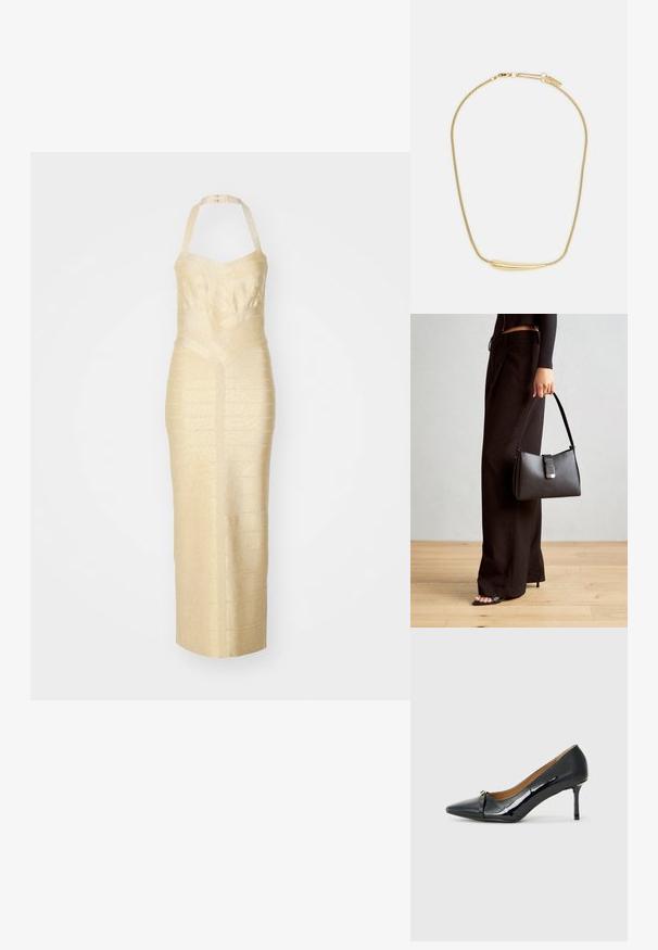 Robe de soirée à dos nu en tissu doré texturé, avec une silhouette ajustée, une couture de taille définie et un motif à rayures verticales.; Chaussure à talons hauts en cuir verni noir avec un bout pointu, détail de sangle décorative à l'avant et un fin talon aiguille.; Sac à main noir à la forme structurée, texture lisse et fermoir métallique. Associé à un pantalon noir ample et des sandales ouvertes sur un sol en bois.; Collier plaqué or avec un accent central lisse et courbé. Possède une chaîne flexible avec un fermoir à homard et des maillons supplémentaires ajustables.