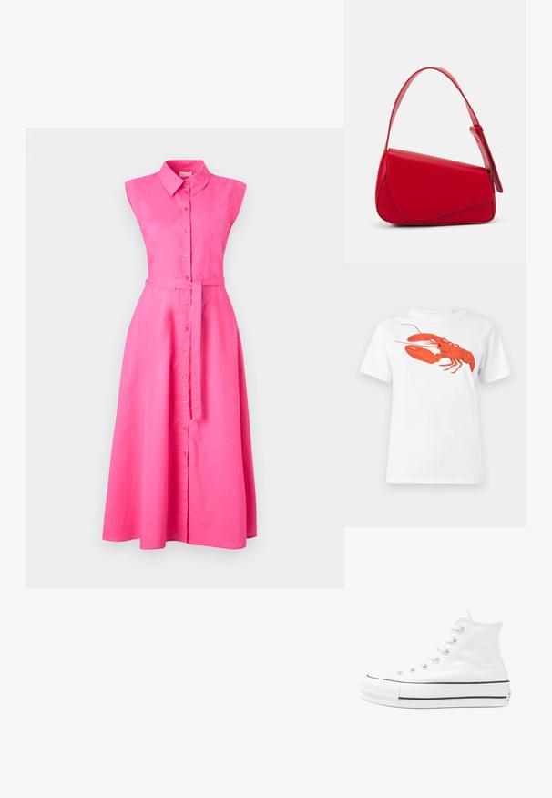 Rochie roz, fără mâneci, cu un guler, deschidere la față cu nasturi și legătură în talie. Are o fustă fluidă care ajunge până la jumătatea gambei. Textură netedă.; Tricou alb din bumbac, cu un grafic mare, viu colorat de homar roșu pe față. Mâneci scurte și un guler standard de tip crew neck.; Adidași albi tip pantofi sport cu glezna din pânză, cu talpă din cauciuc negru, capac de vârf din cauciuc frontal și șase ochiuri pentru șireturi, având un design curat și minimalist.; Geantă de mână din piele roșie, cu un design unghiular și geometric. Dispune de o singură curea ajustabilă și un sistem de închidere cu clapetă, cu detalii cusute.