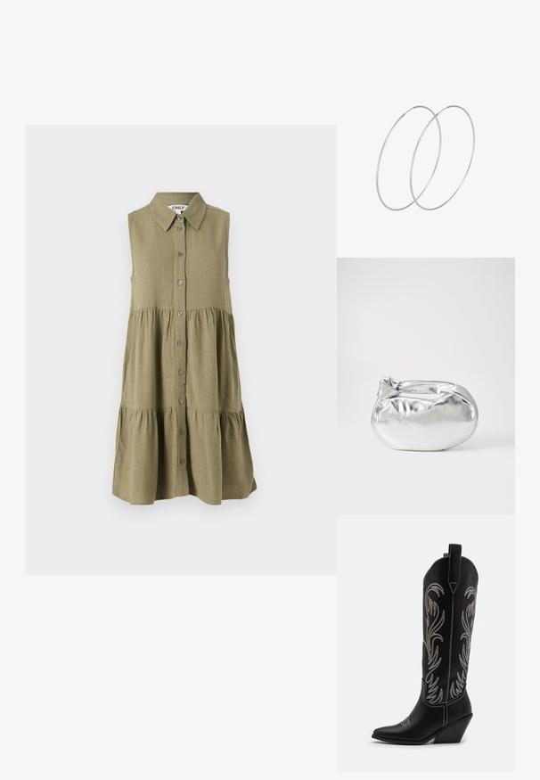 Beždžioninis alyvų žalias suknelė be rankovių, su mygtukų užsegimu priekyje, apykakle ir keliaujančiu apačiu. Pagaminta iš tekstūruoto audinio, su laisvu siluetu.; Juodi oda kaubojiški batai su smailiu nosiu, stulpeliu ir sidabriniais siuvinėti gėlių raštais palei šoną. Kontrastingas siuvinėjimas visoje bato dalyje.; Sidabrinė metalinė maišelio forma su švelnia, apvalia forma ir mazgu užveriamu viršumi. Pagaminta iš lygios dirbtinės odos medžiagos.; Sidabrinės pusmėnulio auskarai minimalistiniu dizainu. Apskritimo forma, lygus paviršius ir plonas profilis. Lengvi su poliruotu apdailu.