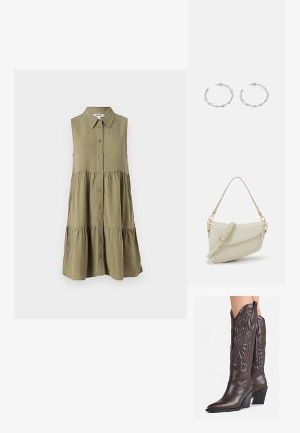 Ärmelloses olivgrünes Kleid mit durchgehender Knopfleiste, Kragen und gestuftem Saum. Hergestellt aus strukturiertem Stoff mit lockerem Schnitt.; Braune Leder-Cowboy-Stiefel mit spitzem Punkt und Blockabsatz, die über detaillierte Stickereien und hervorgehobene Akzente am Schaft verfügen.; Kleine cremefarbene Handtasche mit strukturiertem Finish, einem langen verstellbaren Tragegurt, einem Kettenakzent und einem Klappenverschluss. Goldene Hardware-Details.; Silberne Creolen mit gedrehter Gestaltung, ausgestattet mit einer polierten Oberfläche und einer Steckverschluss. Sie haben einen Durchmesser von ca. 3 cm.