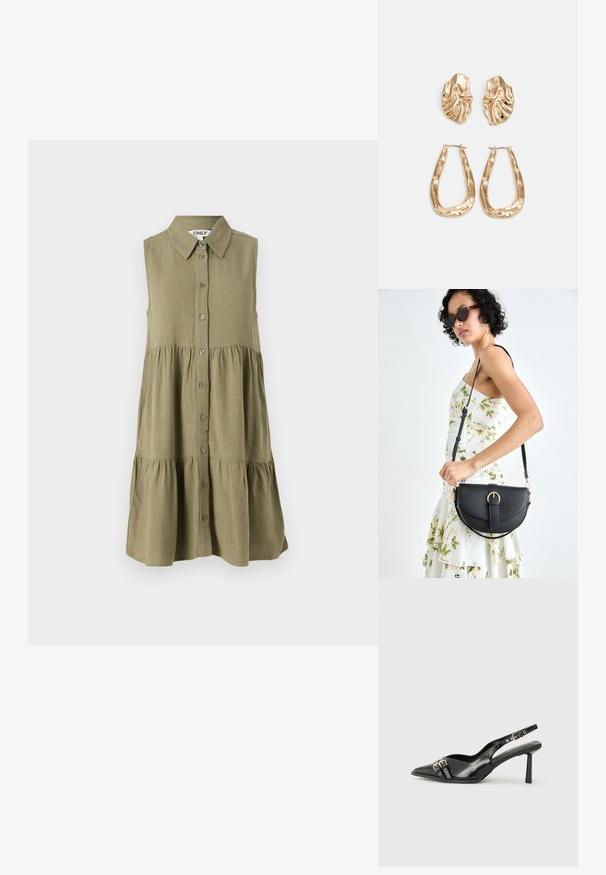 Ärmelloses olivgrünes Kleid mit durchgehender Knopfleiste, Kragen und gestuftem Saum. Hergestellt aus strukturiertem Stoff mit lockerem Schnitt.; Schwarzer Lackleder Slingback-Schuh mit spitzem Zehenbereich, Knöchelriemen mit silbernen Schnallen und Beschlägen sowie einem schlanken Absatz.; Schwarze Lederhandtasche mit geschwungener Form, abnehmbarem Tragegurt und goldenen Beschlägen. Die Tasche verfügt über einen Deckel mit einer Schnallen-Details.; Ohrringe in Goldoptik mit strukturierten, gewellten Formen. Beinhaltet skulpturale Clip-Ohrringe und ein offenes Hoop-Design mit gehämmertem Finish.