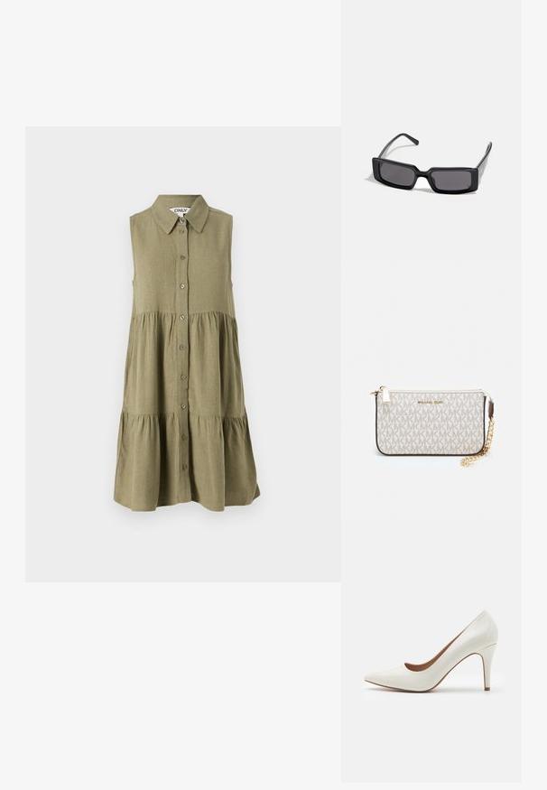 Ermeløs olivengrønn kjole med knappelukking foran, krage og lagdelt falm. Laget av teksturert stoff med avslappet passform.; Hvit patentlær høyhælte sko med spiss tå og en glatt overflate, med en slank hæl og en lav utskjæring rundt åpningen.; Sorte solbriller med rektangulært ramme, mørke linser og glatt, blank overflate. Har tynne stenger med diskret merking på siden.; Michael Kors håndleddsveske i beige belagt kanvas med et gjentakende MK-logo mønster, gullfarget maskinvare og en avtakbar kjede-rem.; Gullmetalliske øredobber med bølgete design; glatt, reflekterende overflate; asymmetrisk form; ingen synlige mønstre eller hardware.