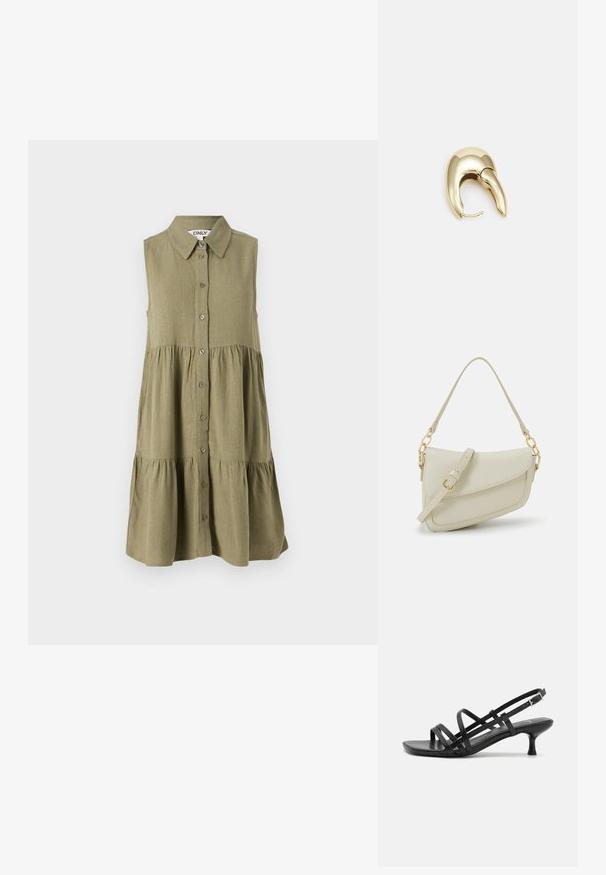 Mouwloze olijfgroene jurk met een knoopsluiting aan de voorkant, kraag en een gelaagde zoom. Gemaakt van een gestructureerde stof met een comfortabele pasvorm.; Zwarte pumpsandalen met meerdere kruissluitingbandjes. Gladde stof, spitse neus en smalle hak. Verstelbare enkelband met gesp.; Kleine crèmekleurige handtas met een textuurafwerking, een lange verstelbare schouderband, een kettingaccent en een klepsluiting. Gouden hardware-details.; Gouden metalen oorbel met een slank, gebogen ontwerp. Beschikt over een kenmerkende puntige vorm, gepolijste oppervlakte en scharnier sluiting.