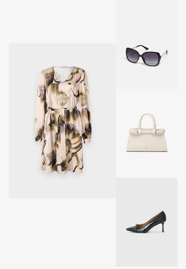 Rožnati vzorec obleke v svetlem bež odtenku, z V-izrezom, dolgimi rokavi in zavezanim pasom. Svilen material z ohlapnim in tekočim oblikovanjem.; Črne lakirane visoke pete z ostrim nosom, dekorativnim trakastim detajlom spredaj in tankim stiletto peto.; Črne prevelike sončne očala z degradacijskimi lečami, debelimi okvirji in zlatimi verižicami na ročajih.; Strukturirana torbica iz umetne usnjene usnje v kremni barvi z zlatim okovjem. Ima dvojne zgornje ročke in pridih z zaponko na sprednji strani.