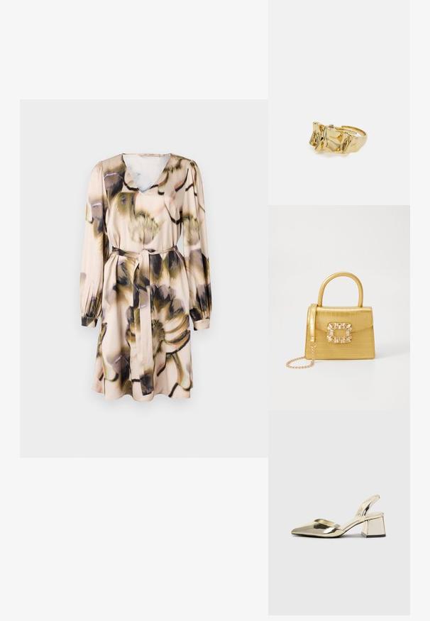 Gėlėmis raštuotas suknelė šviesiai smėlio spalvos, su V formos iškirpte, ilgomis rankovėmis ir surišta juosmens juosta. Šilkinė tekstūra, laisvas, plazdantis dizainas.; Auksiniai, metaliniai slingback aukštakulniai bateliai su smailiu pirštu ir masyviu kulnu. Lygus paviršius, minimalizmo dizainas ir siaura juostelė.; Geltonas dirbtinės krokodilo odos rankinukas su standžiu dizainu, viršutine rankena, nuimamu grandininiu dirželiu ir dekoratyviniu krištolo papuošimu ant užsegimo.; Aukso žiedas su tekstūruotu, banguotu dizainu, turintis tris iškilias viršūnes. Lygus, blizgus paviršius su atviromis juostelėmis, leidžiančiomis reguliuoti dydį.