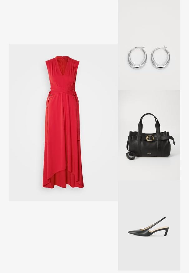 Rød ermeløs kjole med dyp V-hals, omslagsdesign og asymmetrisk kant. Laget av lett stoff med en jevn tekstur.; Svart spiss tå slingback-sko med lav hæl, laget av jevnt skinnmateriale og med utskåret design på siden for pusteevne.; Svart lærveske med en strukturert design, doble topphåndtak, gullfarget spenneakent og preget merke-logo foran.; Et par polerte sølv halvmåne hoop øredobber med hengselspenner på hvit bakgrunn.