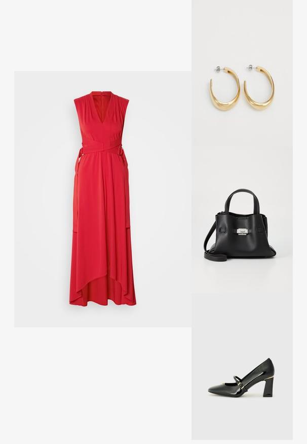 Piros ujjatlan ruha mély V nyakú, keresztbe átfordítható dizájnnal és aszimmetrikus szegéllyel. Könnyű anyagból készült, sima tapintással.; Fekete lakkbőr magassarkú cipő hegyes orral, boka pánttal és arany díszítéssel a sarkán. Négyzet alakú blokk sarok kialakítás.; Fekete bőr kézitáska struktúrált felülettel, két felső fogantyúval, levehető vállpánttal és ezüst színű csattal.; Aranyszínű karika fülbevalók sima, ívelt dizájnnal. Fémből készültek, elegáns kivitelben, és tűzáras zárással rendelkeznek.