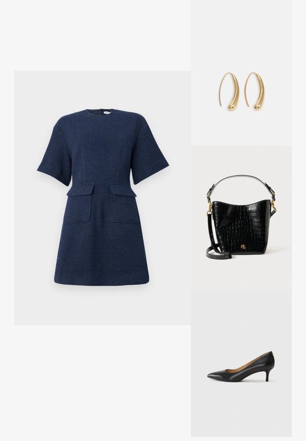 Tengerészeti rövid ujjú ruha texturált anyagból, egyenes szabással, két elülső rakott zsebbel és hátsó cipzárral.; Fekete bőrpumpa hegyes orral, alacsony sarokkal és sima felülettel. Elöl enyhe nyílással rendelkezik, hátul pedig minimális részletezéssel.; Fekete krokodil bőrhatású táska ívelt formával, arany színű fémalkatrészekkel, állítható pánttal és logó részlettel elöl.; Aranyszínű fémből készült karika fülbevalók ívelt, hosszúkás formával. Simaságával és fényes felületével, valamint lekerekített végével további részletekkel bővül.