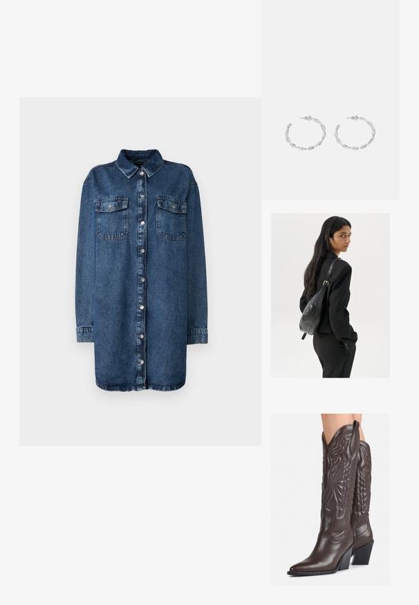 Tamsiai mėlyna džinsinė marškinė, su apykakle, priekiniais mygtukais, dviem krūtinės kišenėmis ir ilgomis rankovėmis su mygtukais.; Rudos odinės kaubojaus batai su smailiu priekiu ir blokuotu kulnu, pasižymintys detaliu siuvinėjimu ir iškiliais akcentais ant ašies.; Moteris su ilgais tamsiais plaukais, vilkinti juodą kostiumą, nešanti juodą odinę rankinę per petį, žvelgia per petį prieš balto fono.; Sidabriniai auskarai žiedai su sukto dizaino, turintys poliruotą apdailą ir fiksavimo smeigtuką. Skersmuo maždaug 3 cm.