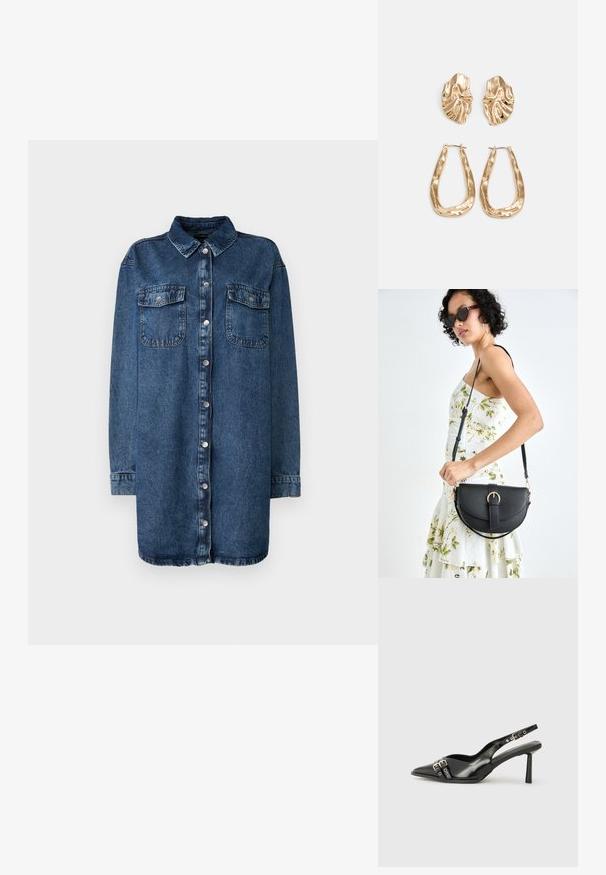 Mørkeblå denimskjorte med krage, frontlukking med knapper, to brystlommer og lange ermer med knappelukking.; Sorte patentlær slingback-sko med spiss tå, ankelremmer med sølvspenner og detaljer, og en slank hæl.; Svart lærveske med en buet form, avtagbar stropp og gullbeslag. Vesken har et klaff med spenne-detall.; Gullfargede øredobber med teksturerte, bølgete former. Inkluderer skulpturelle klipsstuds og åpen hoop-design med en hamret finish.