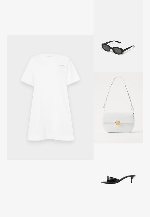 Bílé bavlněné šaty ve stylu trička s širokými rukávy, kulatým výstřihem a potiskem loga na hrudi. Mají volný, uvolněný střih a hladkou texturu.; Černé kožené nazouváky s mašlí, otevřenou špičkou a úzkým vysokým podpatkem. Hladký povrch a minimalistický design.; Černé sluneční brýle s oválnými objektivy, lesklý plastový rám a štíhlé nožičky. Na boku se nachází bílé logo Ray-Ban.; Bílá kožená kabelka přes rameno s geometrickým zlatým zapínáním, plochý design a prodloužený popruh. Disponuje čistými liniemi a lesklou texturou.
