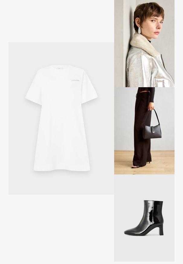 Vestido de t-shirt de algodão branco com mangas largas, decote redondo e impressão de logotipo no peito. Apresenta um corte solto e relaxado, com uma textura suave.; Botim de tornozelo em pele sintética preta com bico apontado e salto bloco de altura média. Textura suave e design minimalista.; Bolsa preta com forma estruturada, textura suave e um fecho metálico. Combinada com calças largas pretas e sandálias de salto aberto sobre um chão de madeira.; Jaqueta de couro metálica prateada com colarinho de peles, apresentando um fecho em zip e uma superfície texturizada. Brincos grandes em forma de gota com pedras preciosas transparentes.