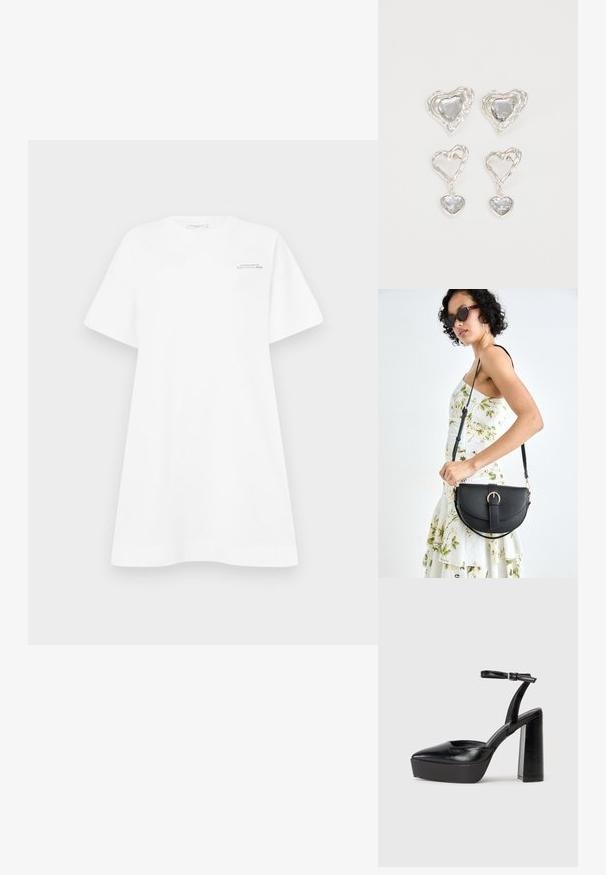 Biele bavlnené šaty vo forme trička s širokými rukávmi, okrúhlym výstrihom a potlačou loga na hrudi. Majú voľný, uvoľnený strih a hladkú textúru.; Čierne platformové podpätky so špicatou špičkou a nastaviteľným členkovým remienkom. Vyrobené z hladkej kože a so robustným blokovým podpätkom.; Čierna kožená kabelka s zaobleným tvarom, odnímateľným popruhom a zlatými doplnkami. Kabelka má klopu s detailom s prackou.; Strieborné náušnice v tvare srdca sú zdobené facetovanými čírymi kameňmi s textúrovaným rámom. Sada obsahuje štýly so zapichovaním a visiacich náušníc.