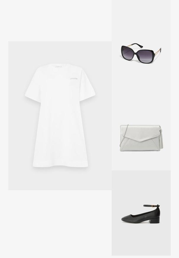 Bijela pamučna haljina u obliku majice s širokim rukavima, okruglim izrezom i otisnutim logom na prsima. Ima slobodan, ležeran kroj i glatku teksturu.; Crne kožne pumpe s oštrim vrhom i niskom blok petom. Sadrže remen oko gležnja s zlatnim kopčanjem. Glatka tekstura.; Crne prevelike sunčane naočale s gradijentnim lećama, debelim okvirom i zlatnim lancem kao detaljem na krakovima.; Srebrna sintetička kožna torbica s dizajnom omotnice, livada za lanac i detaljem na resicama s jedne strane, s kutnim šavovima.